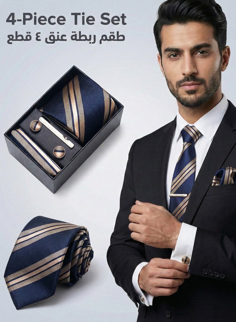 FIORICASA 4-PIECE Men's Necktie Gift Set - Multi-Tone Blue Gradient Striped Tie with Matching Pocket Square, Cufflinks and Tie Clip - Professional Formal Business Accessory Box - Image 1